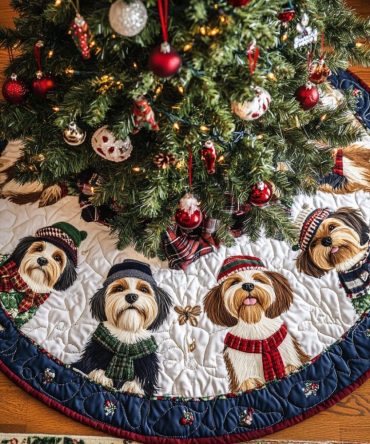 Yorkshire Noel Night Quilted Christmas Tree Skirt — Dark & Elegant Noel Design, Stitched Holiday Skirt For Stylish Seasonal Displays