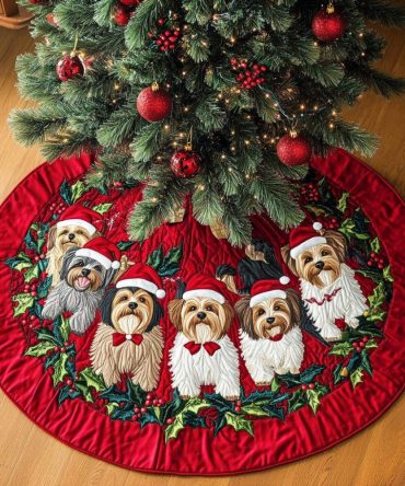 Yorkshire Wonder Quilted Tree Skirt – Charming Yorkie-Themed Christmas Skirt, Soft Patchwork, Machine-Washable, Elegant Holiday Gift For Dog Fans