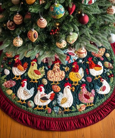 Whimsical Farmhouse Quilted Christmas Tree Skirt With Festive Chickens, Colorful Patchwork, Soft Cotton Blend, Fits Most Trees, Perfect For Living Room Or Cottage