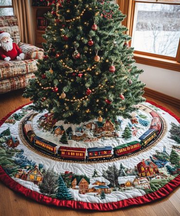 Yuletide Engine Quilted Christmas Tree Skirt — Festive Steam Train Design For Holiday Mantels, Living Rooms & Gift Displays