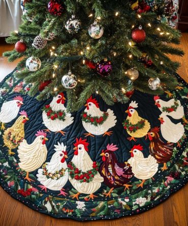 Yuletide Flock Quilted Christmas Tree Skirt — Charming Farmhouse Holiday Skirt With Bird & Folk Art Motifs For Rustic Décor