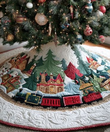 Yuletide Rail Runner Quilted Christmas Tree Skirt — Vintage Train & Holiday Patchwork Base Cover, Quilted Decor For Festive Family Trees