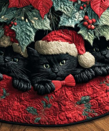 Charming Quilted Christmas Tree Skirt - Yuletide Whisker Cat Design, Soft Holiday Accent To Conceal Stand & Delight Guests