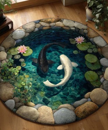 Zen Koi Balance Round Rug - Serene Koi And Dragon Fusion Area Rug For Tranquil Living Rooms, Meditation Spaces And Modern Minimal Interiors