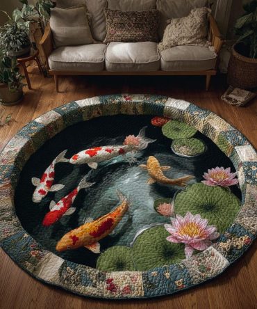 Zen Koi Designer Rug - Minimalist Round Area Rug With Calming Koi Illustration, Soft Low-Pile Comfort, Non-Slip Base For Modern Interiors
