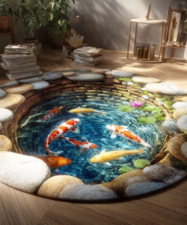 Zen Koi Round Area Rug — Minimalist Koi Fish Design Round Carpet For Calm Living Spaces, Soft Low-Pile, Anti-Slip & Easy-Care Finish