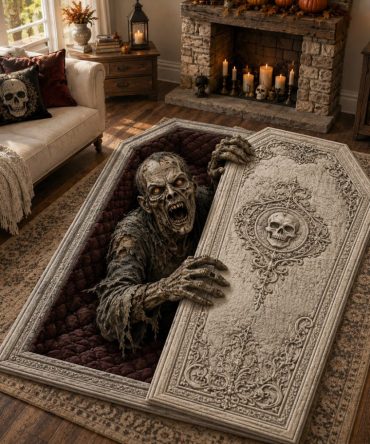 Zombie Coffin Rise Halloween Area Rug — Custom-Shaped Coffin Floor Mat For Haunted House, Spooky Gothic Home Decor