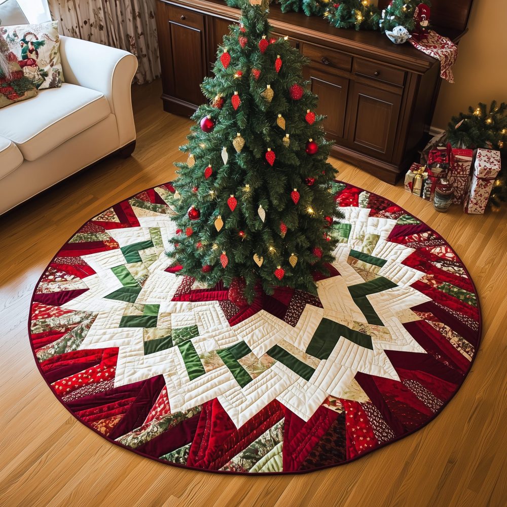 Classic Quilted Christmas Tree Skirt — Timeless Patchwork Holiday Tree Skirt, 48" Round, Cotton Blend, Reversible & Machine-Washable - Image 7
