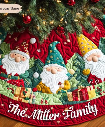 Gnome Workshop Personalized Quilted Tree Skirt - Custom Embroidery With Family Name, Whimsical Gnome Design, 48-Inch Keepsake, Heirloom Quality, Machine Washable, Perfect Personalized Gift