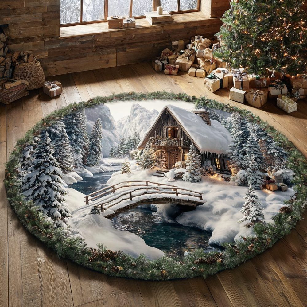 Winter Pine Woodland Round Rug — Cozy Pine Forest Round Carpet With Snowy Woodland Design For Home & Cabin Decor