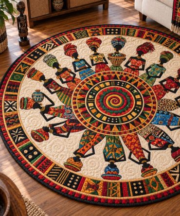 Vibrant African Dawn Quilted Round Floor & Table Mat — Premium Patchwork Rug For Home Decor, Durable & Machine-Washable
