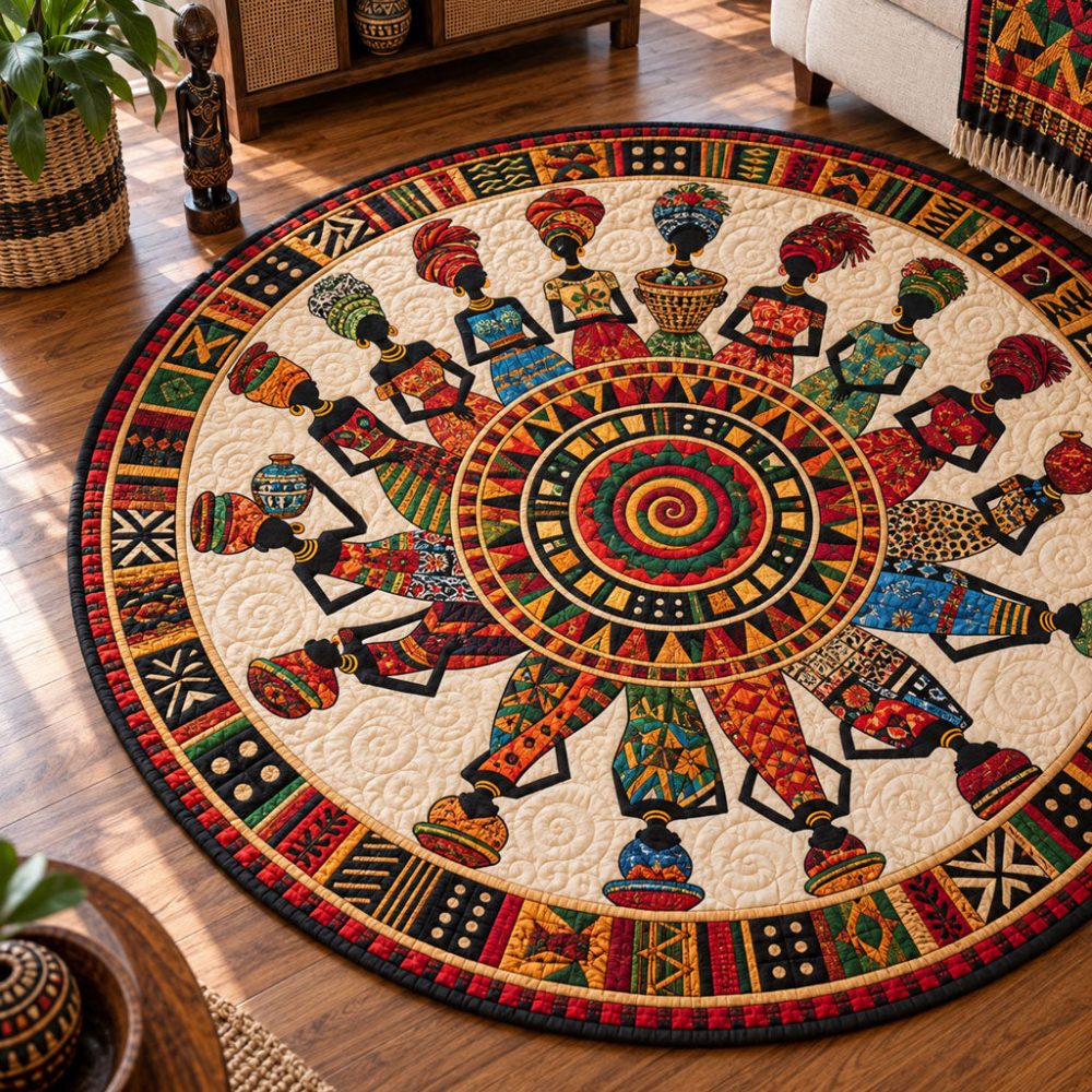 Vibrant African Dawn Quilted Round Floor & Table Mat — Premium Patchwork Rug For Home Decor, Durable & Machine-Washable