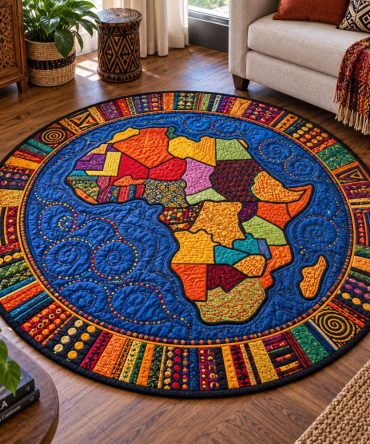 Bold African Mosaic Quilted Round Accent Mat — Decorative Round Rug For Living Room, Tabletop & Floor, Stain-Resistant & Soft