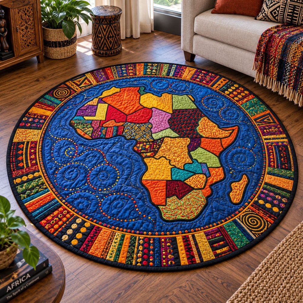 Bold African Mosaic Quilted Round Accent Mat — Decorative Round Rug For Living Room, Tabletop & Floor, Stain-Resistant & Soft