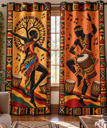African Storyteller Quilted Curtains - Narrative Print Drapes With Rich Texture, Statement Decorative Panels For Living Areas