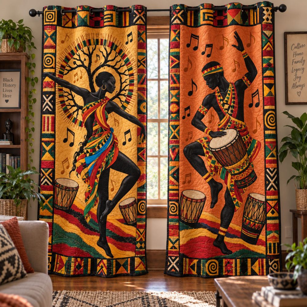 African Storyteller Quilted Curtains - Narrative Print Drapes With Rich Texture, Statement Decorative Panels For Living Areas