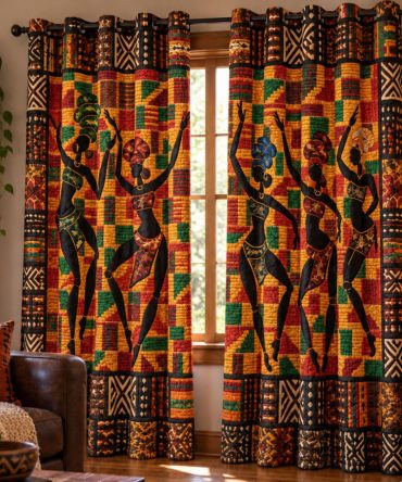 African Village Melody Quilted Curtains — Handcrafted-Style Tribal Panels, Insulated & Light-Filtering, Sound-Dampening Quilting, Easy Care
