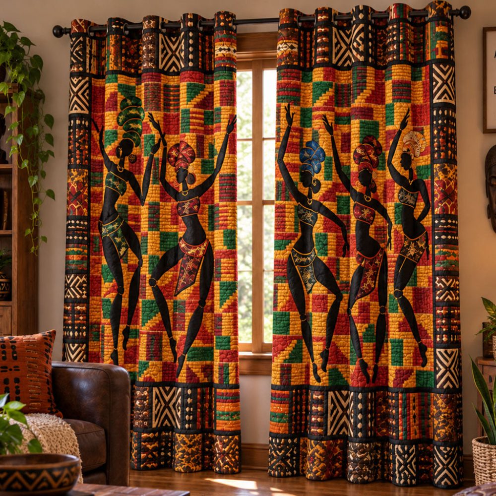 African Village Melody Quilted Curtains — Handcrafted-Style Tribal Panels, Insulated & Light-Filtering, Sound-Dampening Quilting, Easy Care