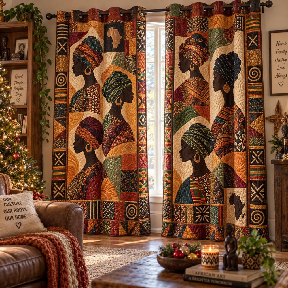 Afrocentric Harmony Quilted Curtains — Modern African Print Drapes With Thermal & Light-Filtering Lining, Sound-Dampening Quilting Energy-Smart