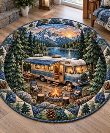 Alpine Escape Quilted Round Mat - Plush Cabin-Style Floor Rug, Insulated Non-Slip Entryway & Bedroom Accent For Cozy Rustic Homes