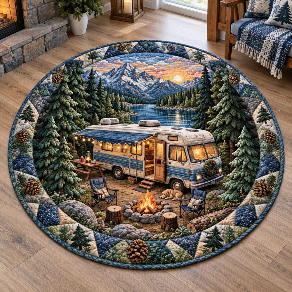 Alpine Escape Quilted Round Mat - Plush Cabin-Style Floor Rug, Insulated Non-Slip Entryway & Bedroom Accent For Cozy Rustic Homes