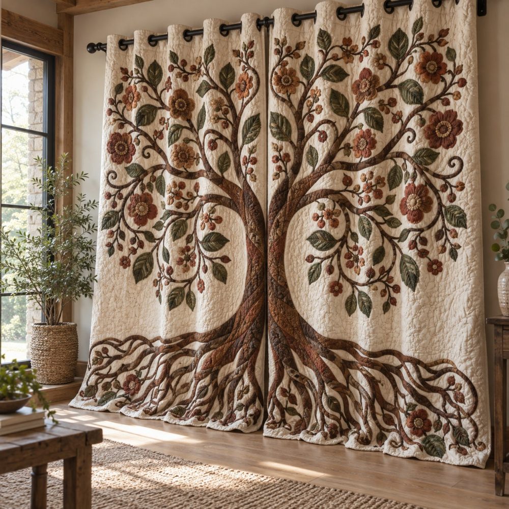Amber Floral Quilted Curtains — Thermal Blackout Drapes With Vibrant Botanical Print, Insulated Window Panels For Cozy Bedrooms & Sunrooms