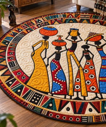 Ancient Rhythms Quilted Round Accent Mat — Ethnic-Inspired Circular Rug For Boho Living, Bedroom & Dining, Durable, Easy-Care