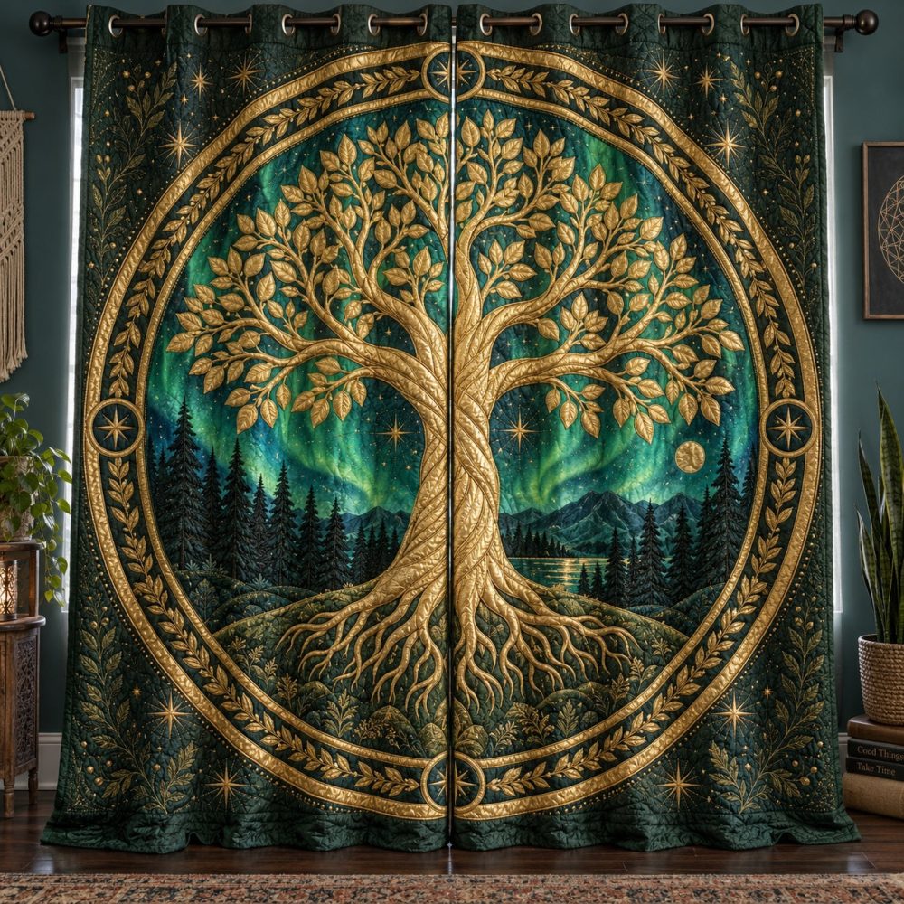 Aurora Golden Timber Quilted Curtains — Warm Gold Timber Pattern Drapes, Insulated Blackout Option, Energy-Saving & Sound Dampening