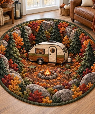 Premium Quilted Round Outdoor Picnic & Camp Mat - Autumn Campfire Artwork, Water-Resistant, Insulated, Foldable