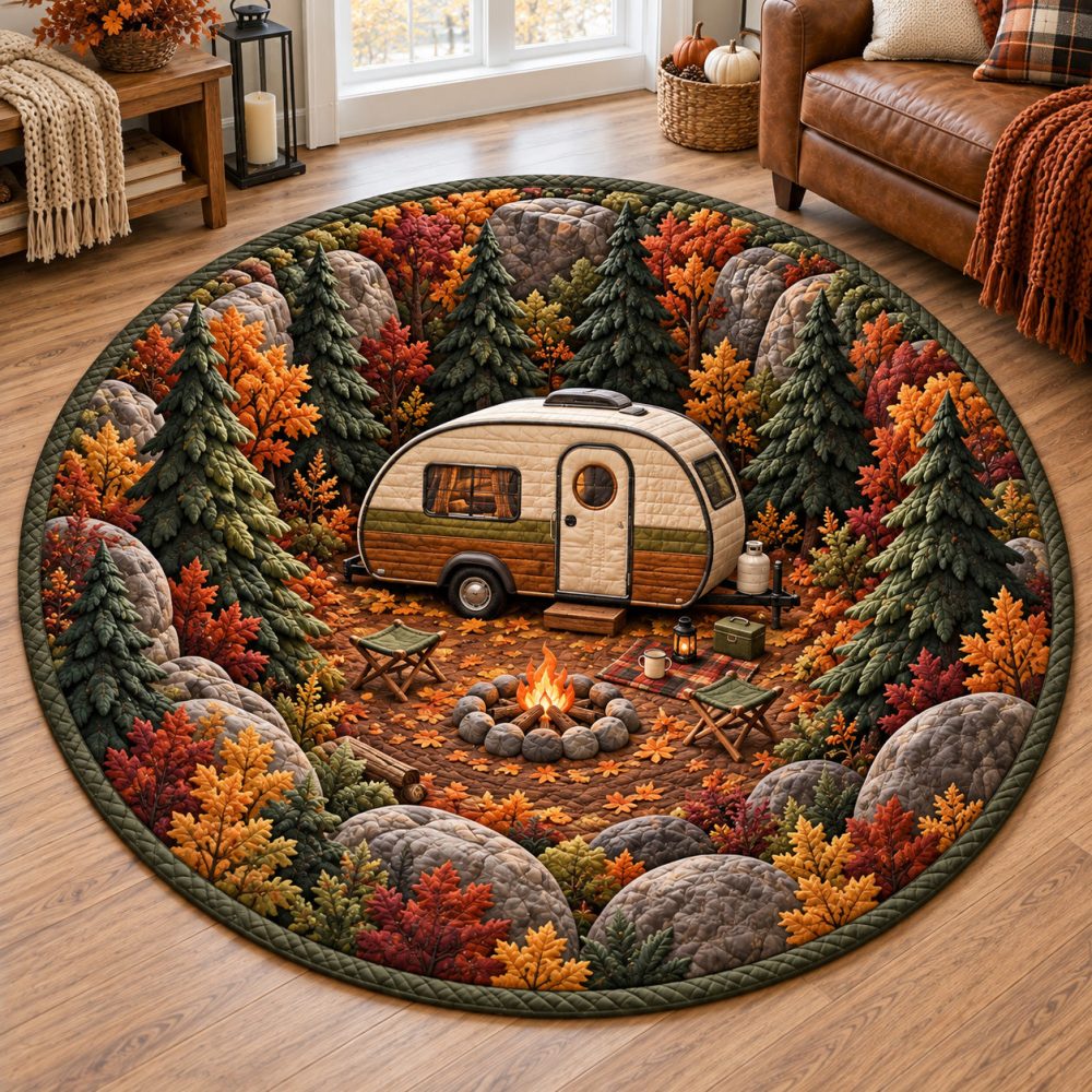 Premium Quilted Round Outdoor Picnic & Camp Mat - Autumn Campfire Artwork, Water-Resistant, Insulated, Foldable