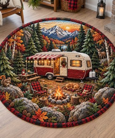 Cozy Quilted Round Outdoor Blanket - Autumn Wanderer Pattern, Water-Resistant Backing, Lightweight, Portable, Reversible