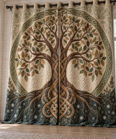 Autumn Knotwork Quilted Curtains — Warm Earth-Tone Blackout Draperies, Thermal Insulated Window Panels With Botanical Embroidery For Rooms