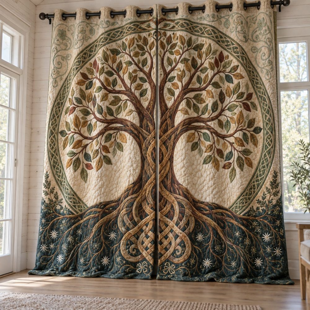 Autumn Knotwork Quilted Curtains — Warm Earth-Tone Blackout Draperies, Thermal Insulated Window Panels With Botanical Embroidery For Rooms