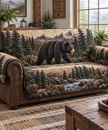 Black Bear Forest Quilted Sofa Protector — Reversible Water-Resistant Couch Cover For Pets & Kids, Non-Slip