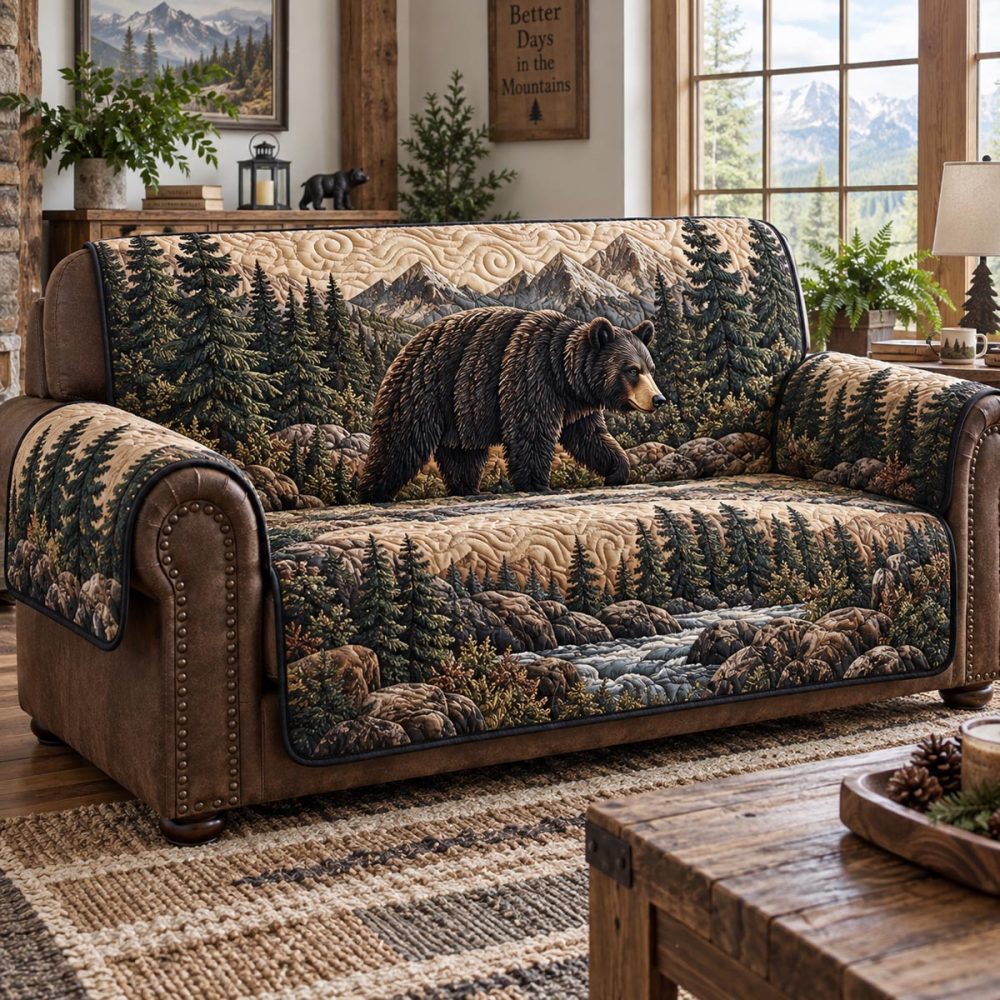 Black Bear Forest Quilted Sofa Protector — Reversible Water-Resistant Couch Cover For Pets & Kids, Non-Slip