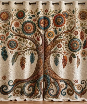 Bohemian Feather Bloom Quilted Window Curtains — Boho Floral Drapes, Thermal Lining, Decorative Stitching, Privacy & Light Control