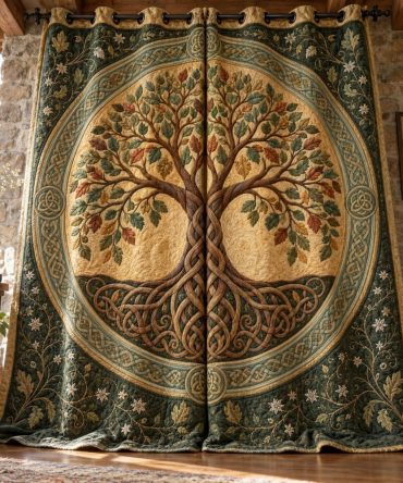 Handcrafted Celtic Ivy Quilted Curtains — Insulated Blackout Window Panels, Patterned Green Drapes For Cozy Living Spaces, Energy Efficient