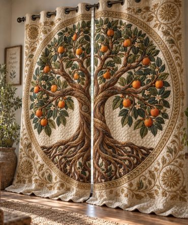 Citrus Orchard Quilted Curtains — Fresh Floral Kitchen Drapes, Light-Filtering Thermal Panels, Stain-Resistant, Machine Washable