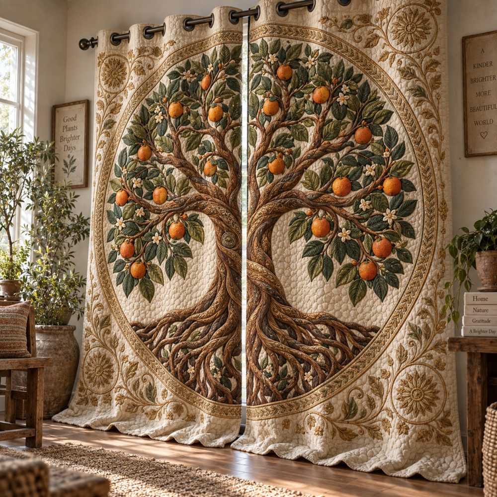 Citrus Orchard Quilted Curtains — Fresh Floral Kitchen Drapes, Light-Filtering Thermal Panels, Stain-Resistant, Machine Washable