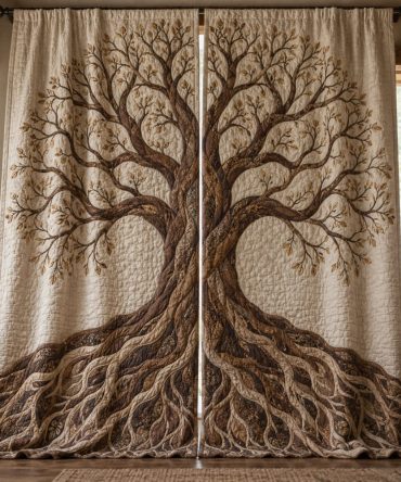 Earthborn Golden Quilted Curtains — Rustic Botanical Blackout Drapes, Insulated Thermal Window Panels With Woven Roots Motif For Home Decor