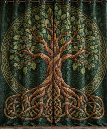 Emerald Knotwork Quilted Curtains — Celtic Green Blackout Drapes, Insulated Panels With Woodland Pattern For Interiors