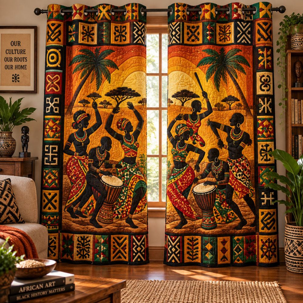 Essence Of Africa Quilted Curtains — Rich Tribal Motif Drapes, Insulated Thermal Panels, Blackout Or Light-Filtering Options Easy Care