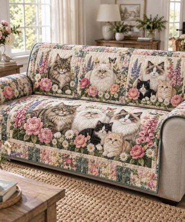 Quilted Garden Cat Parade Sofa Cover — Waterproof, Non-Slip Couch Protector With Cute Cat Print, Machine-Washable, Pet-Friendly