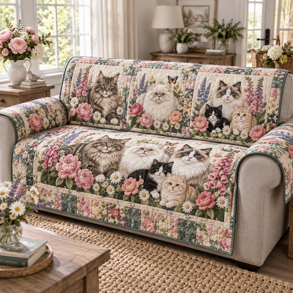 Quilted Garden Cat Parade Sofa Cover — Waterproof, Non-Slip Couch Protector With Cute Cat Print, Machine-Washable, Pet-Friendly