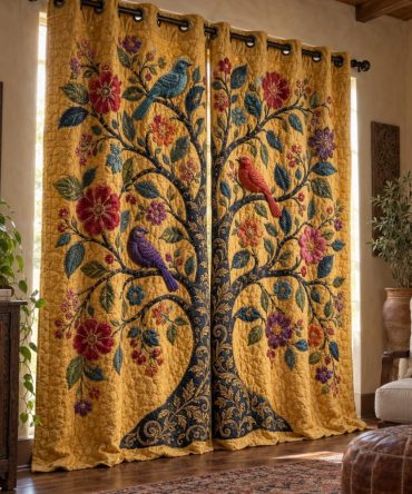 Golden Aviary Quilted Curtains — Luxury Floral Blackout Drapes, Insulated Window Panels With Metallic Accents For Bedrooms & Living Areas