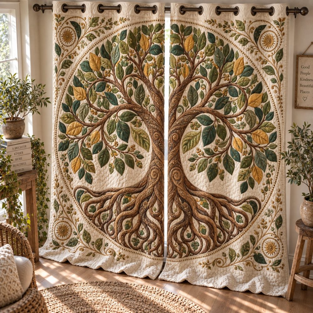 Golden Berry Grove Quilted Curtains — Warm-Toned Decorative Drapes, Insulated Lining, Elegant Floral Print, Fade-Resistant, Easy Care