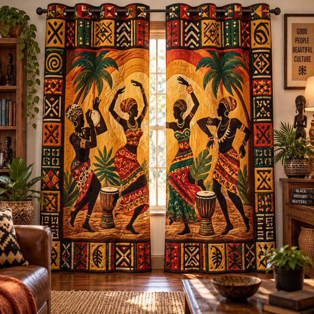 Golden Savannah Rhythm Quilted Curtains — Warm Earth-Tone Safari Prints, Insulated Thermal Panels, Light-Filtering To Blackout Options