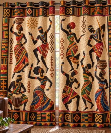 Heritage Dancers Quilted Curtains — Dance-Inspired African Motifs, Insulated Thermal Drapes, Light-Filtering Or Blackout Options Easy-Care