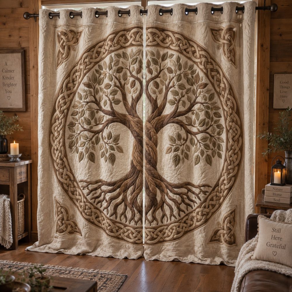 Ivory Celtic Roots Quilted Curtains — Elegant Neutral Drapes With Celtic Motif, Thermal Lining, Light-Filtering & Machine Washable