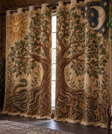 Lunar Serpent Quilted Curtains — Dark Teal Blackout Drapes With Mythic Roots Motif, Insulated Window Panels For Bedrooms & Themed Rooms